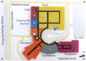floorplan map with raised textured zones, lowered walkways, clear print and braille